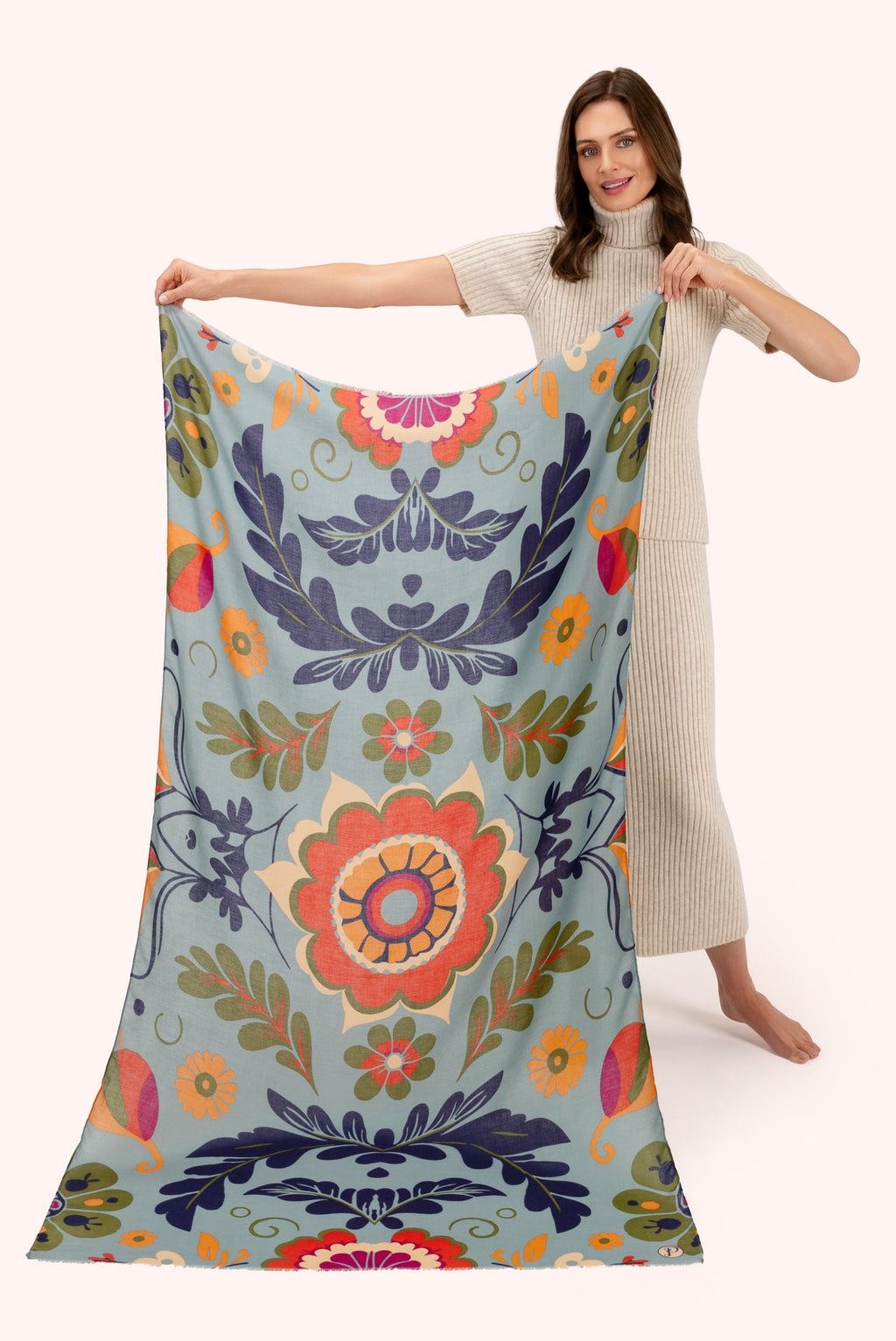 Powder Print Scarf - Folk Floral, Winter Ice