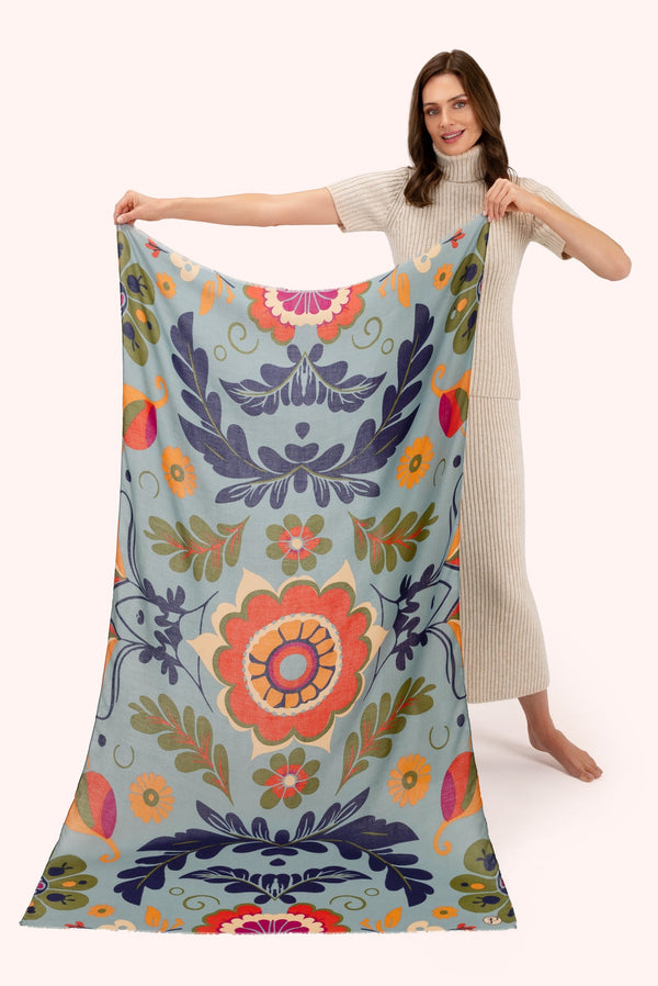 Powder Print Scarf - Folk Floral, Winter Ice