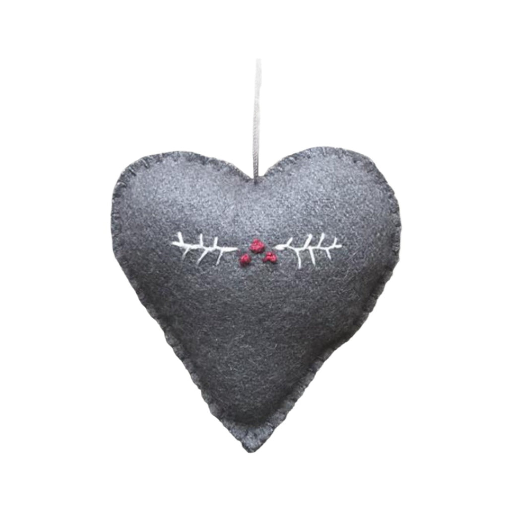 East of India Medium Embroidered Heart - Grey/ Berry Branch