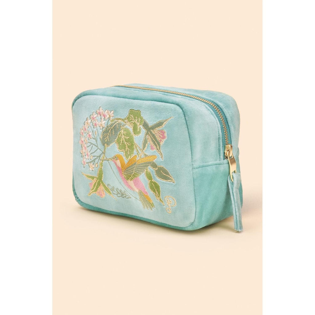 Powder Velvet Embroidered Make Up Bag - Hummingbird