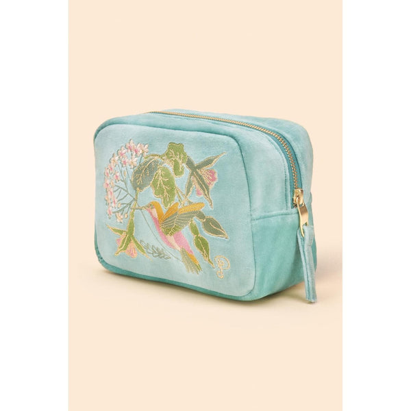 Powder Velvet Embroidered Make Up Bag - Hummingbird