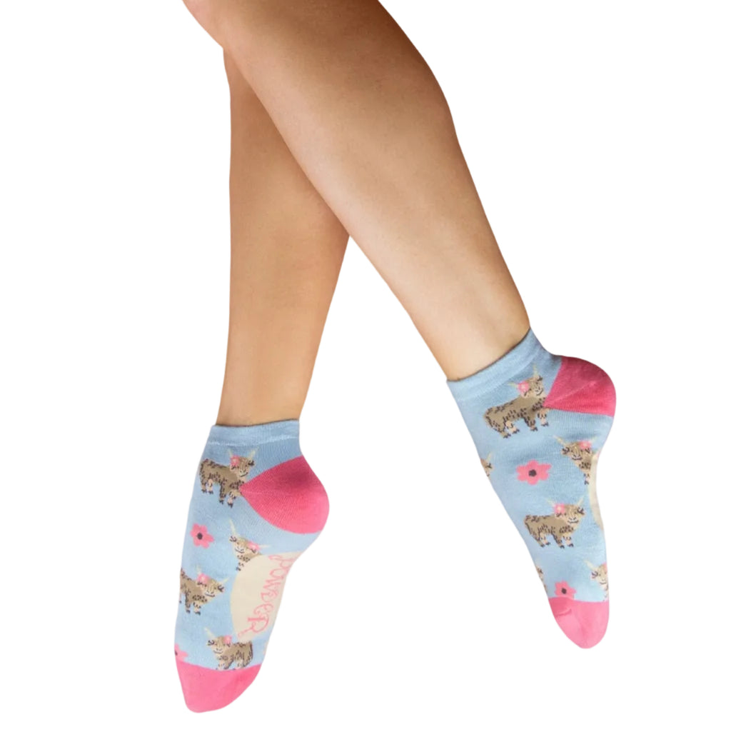 Powder Trainer Socks - Highland Cow in Blue