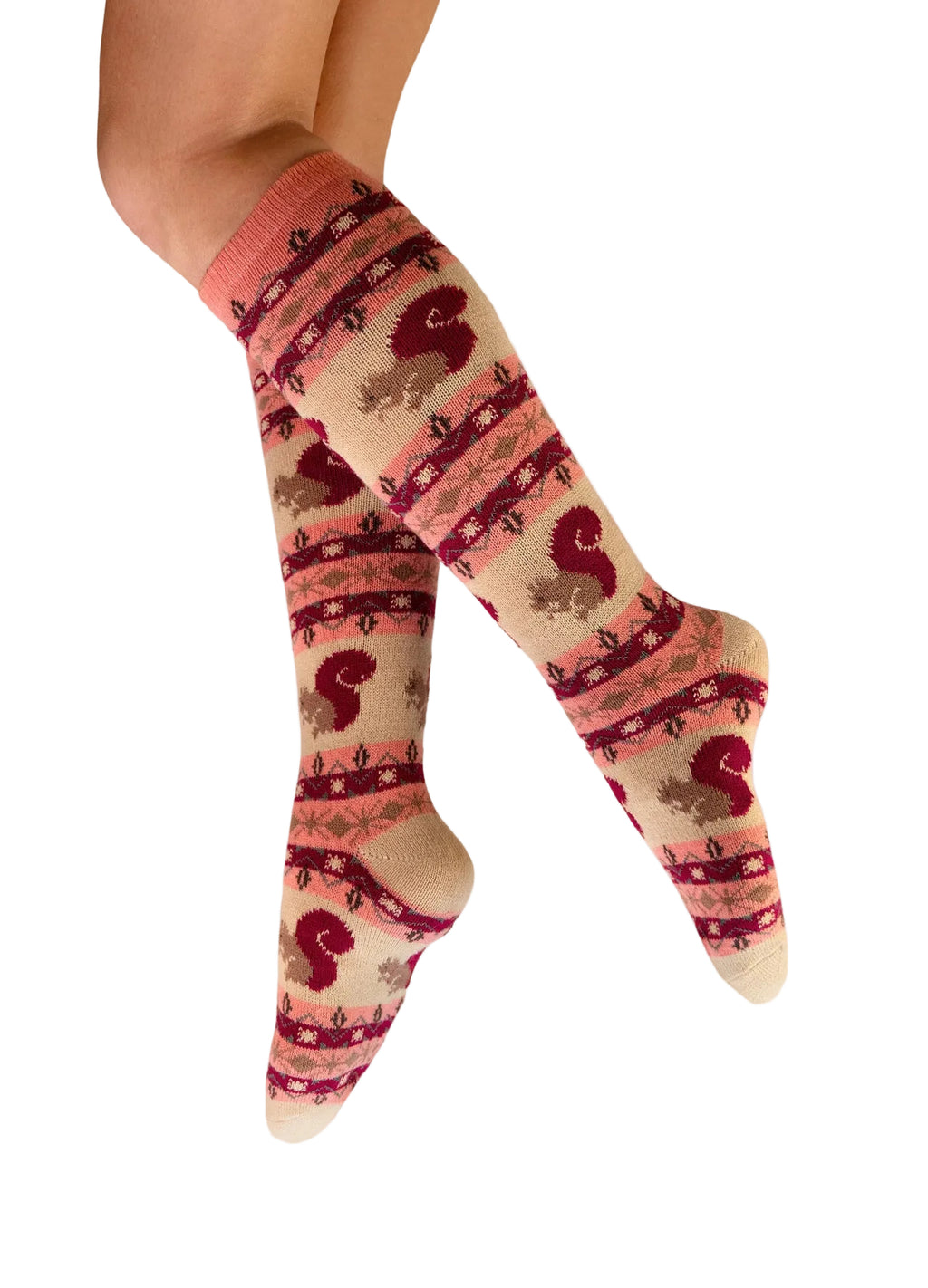 Patterned knee-high socks with red and brown design on a white background