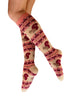 Patterned knee-high socks with red and brown design on a white background