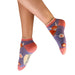 Colorful socks with cartoon characters worn by a person on a white background