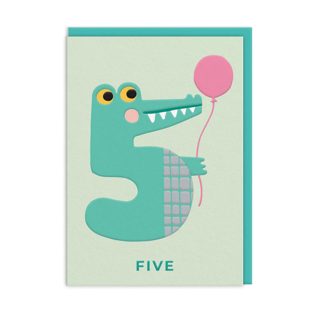 Card with a crocodile design holding a pink balloon and the number '5' on a light green background.