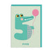 Card with a crocodile design holding a pink balloon and the number '5' on a light green background.