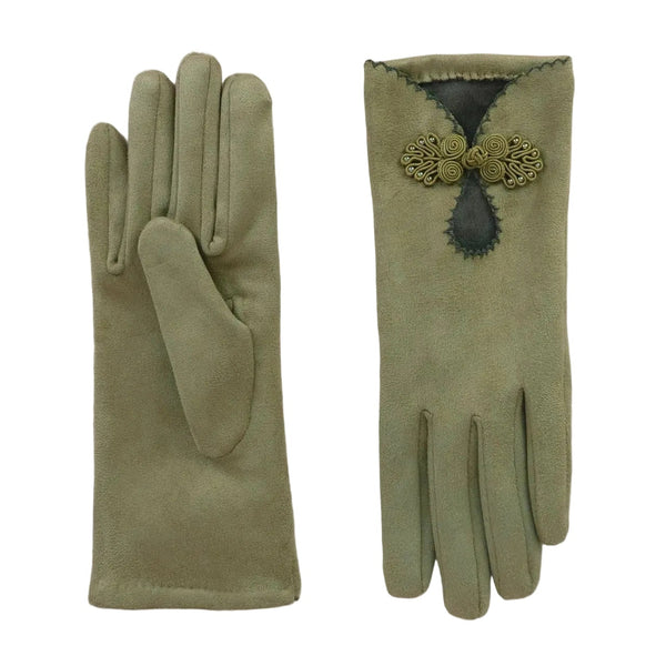 Pair of green gloves with decorative bow on a white background