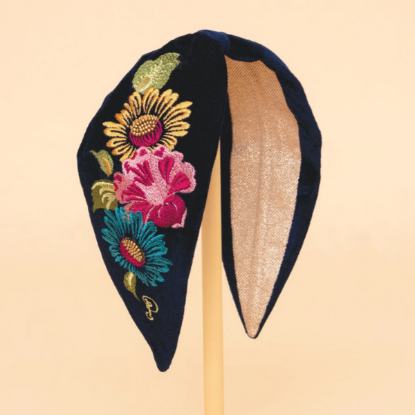 Powder Vintage Floral Embroidered Velvet Headband - Ink