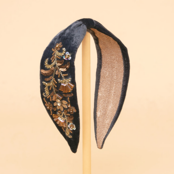 Powder Golden Wildflowers Embellished Velvet Headband - Slate