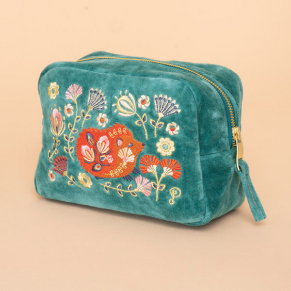Powder Folk Art Hedgehog Velvet Make up Bag - Aqua