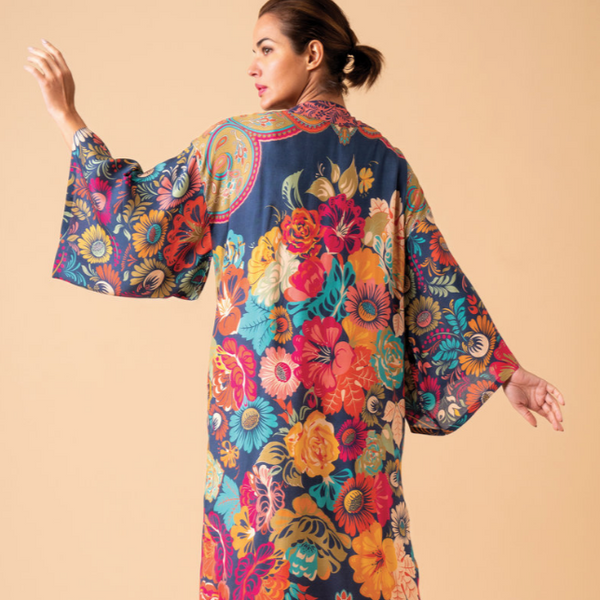Powder Vintage Floral Kimono Gown - Ink