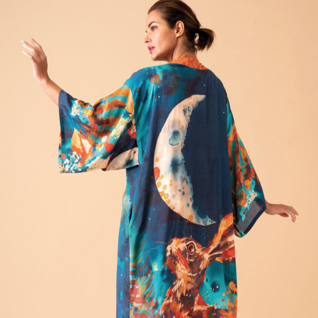 Powder Hare and Moon Kimono Gown - Midnight