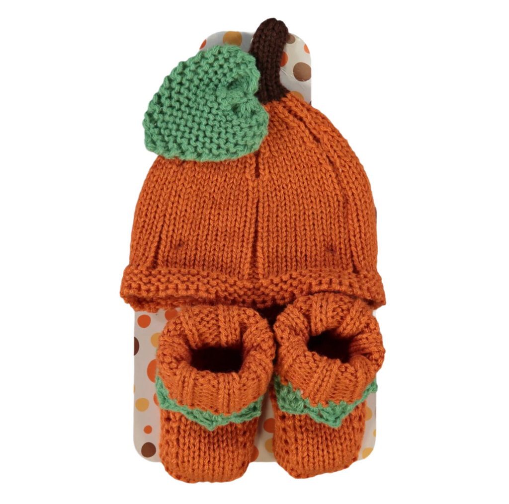 LITTLE ME Two Piece Orange Knitted Pumpkin Hat & Booties, 0-6 Months