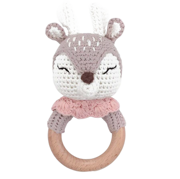 Knitted Deer Wooden Baby Rattle
