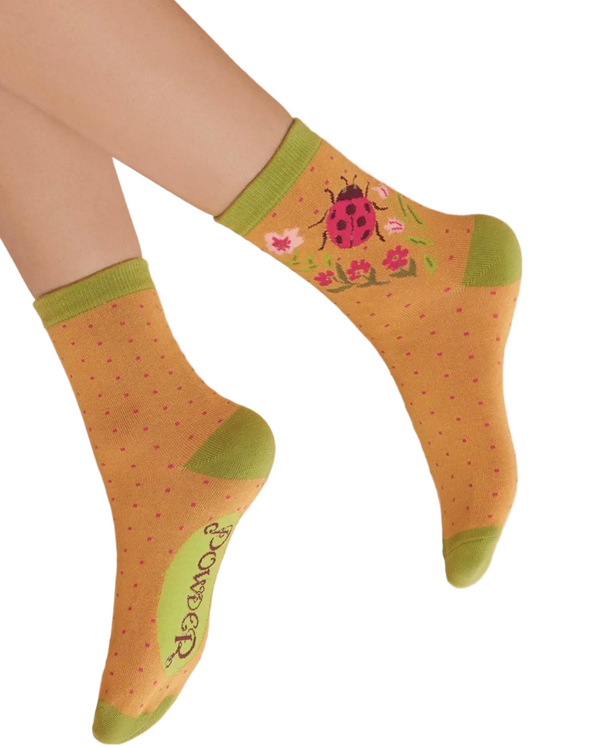 Powder Ladies Ankle Socks - Ladybird in Mustard