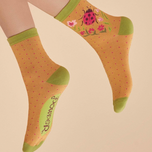 Powder Ladies Ankle Socks - Ladybird in Mustard
