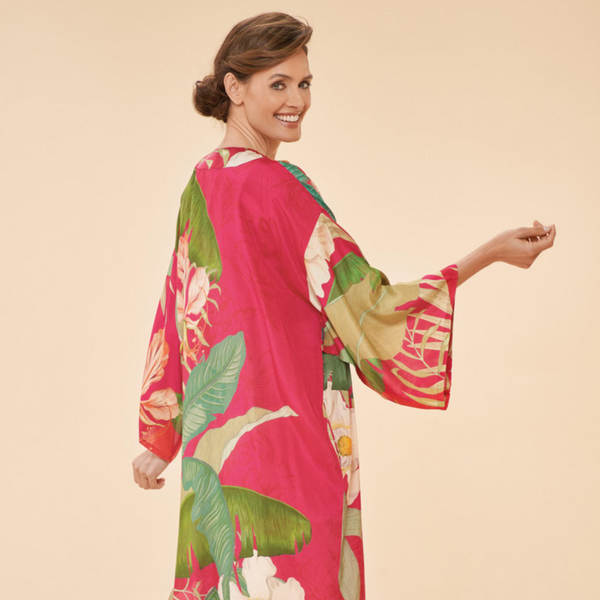 Powder Delicate Tropical Kimono Gown in Dark Rose