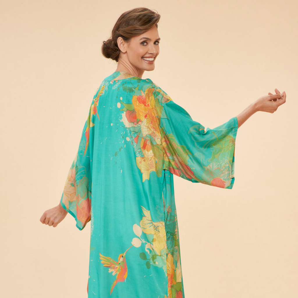 Powder Hummingbird Kimono Gown in Aqua