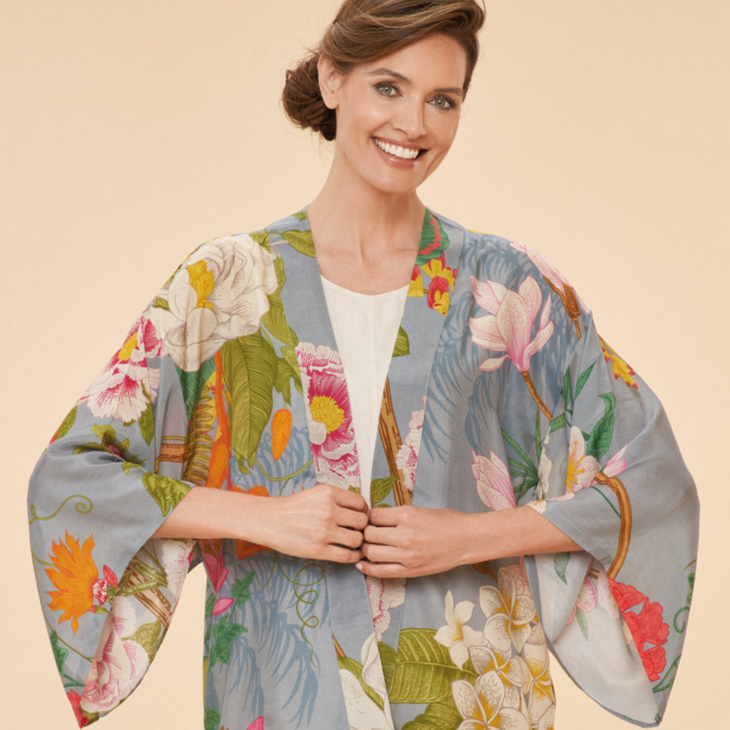 Powder Tropical Flora and Fauna Kimono Jacket in Lavender
