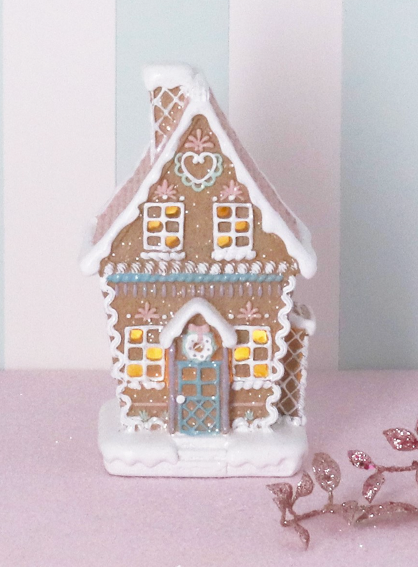 Gisela Graham Resin Pastel Iced LED Gingerbread House, Medium