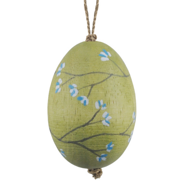 East of India Hanging Wooden Egg - Blossom Painted Egg-Moss Green