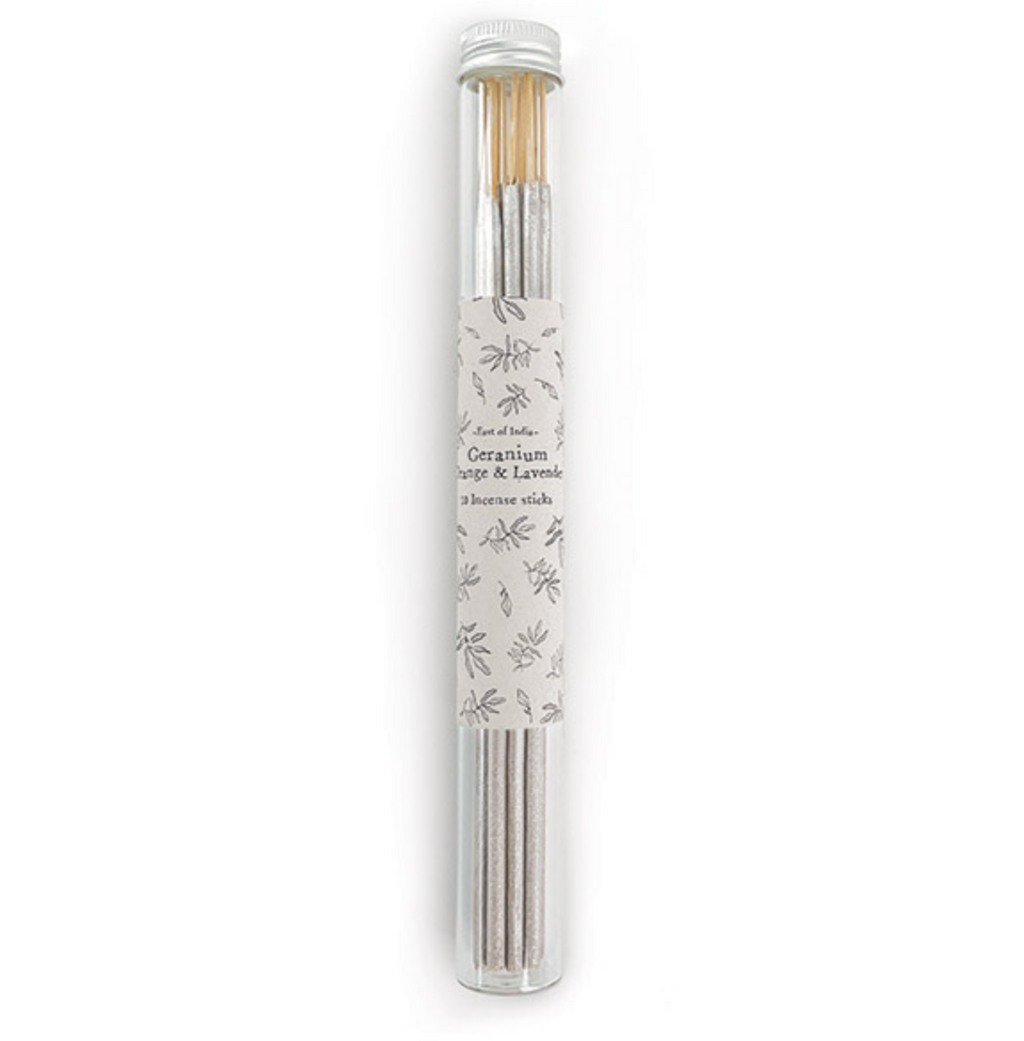 East of India Tube of Incense Sticks - Geranium, Orange & Lavender