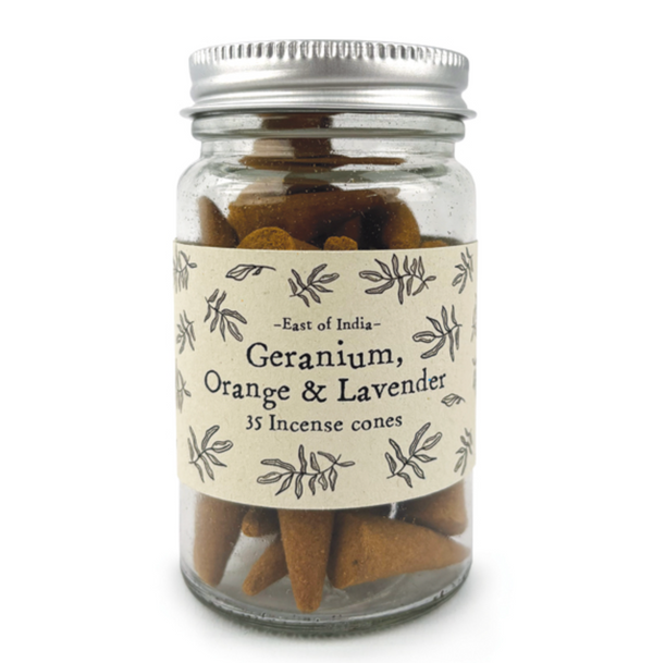 East of India Jar of incense Cones - Geranium, Orange & Lavender
