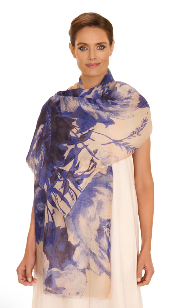 Powder Linen/Cotton Scarf - China Blue Blooms