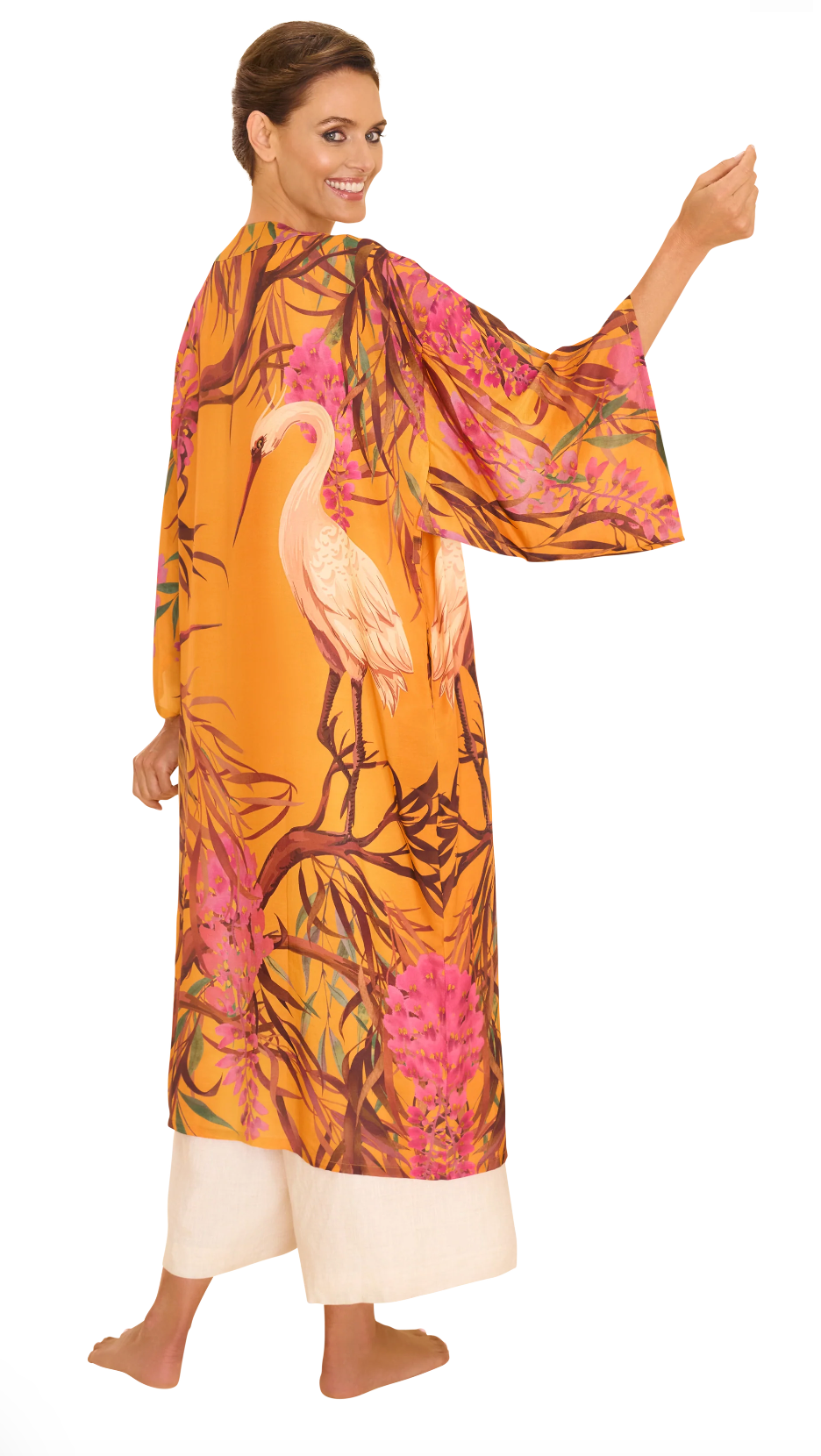 Powder Kimono Gown - Oriental Crane - Ochre