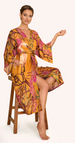 Powder Kimono Gown - Oriental Crane - Ochre