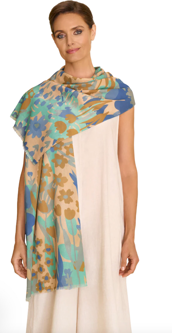 Powder Cotton Scarf - Springtime Floral - Denim