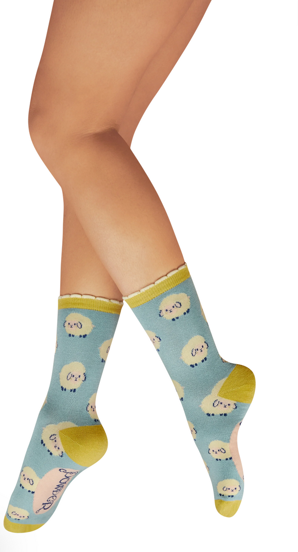 Powder Ladies' Ankle Socks - Marshmallow Sheep - Ice Blue