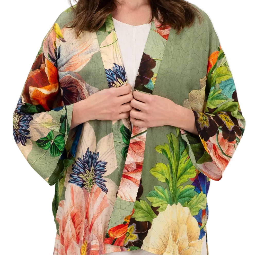 Powder Mid-Length Kimono - Botanical Bouque, Sage