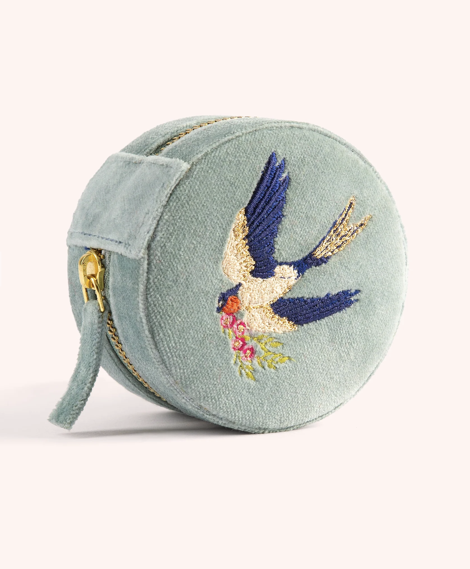 Powder Round Velvet Jewellery Box - Swooping Swallows