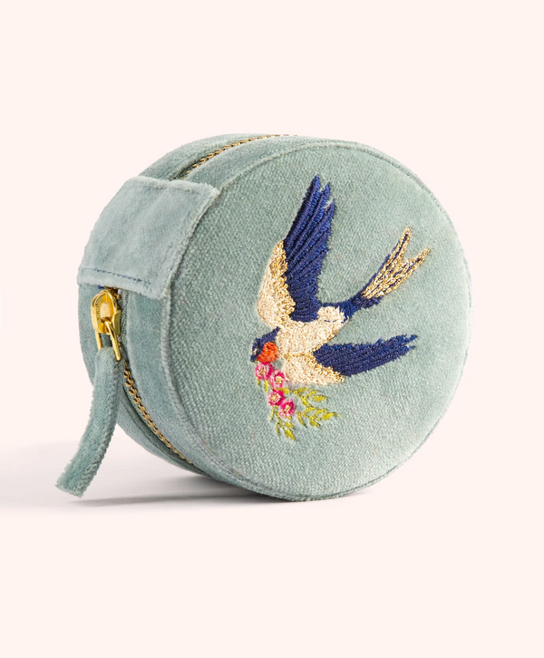 Powder Round Velvet Jewellery Box - Swooping Swallows