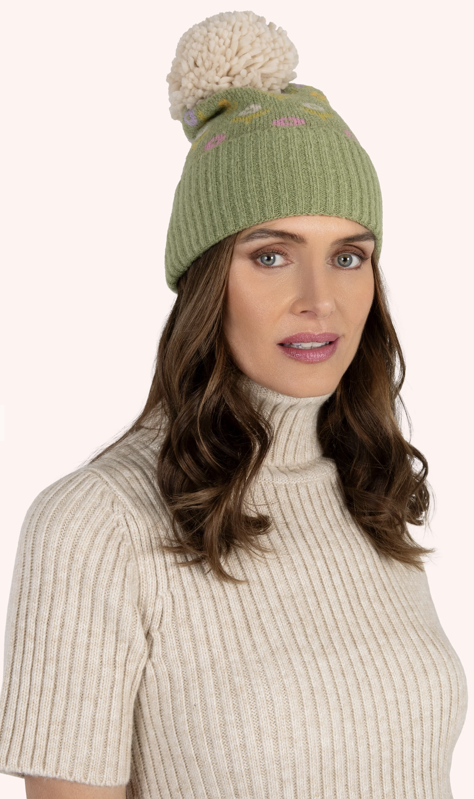 Powder Willow Ditsy Flower Pompom Hat, Sage