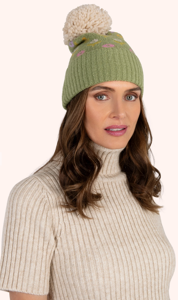 Powder Willow Ditsy Flower Pompom Hat, Sage