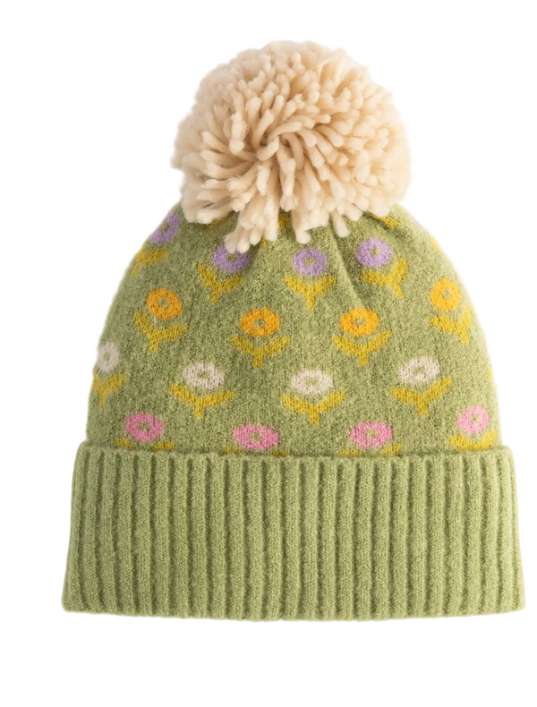 Powder Willow Ditsy Flower Pompom Hat, Sage