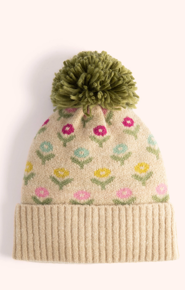 Powder Willow Ditsy Flower Pompom Hat, Cream