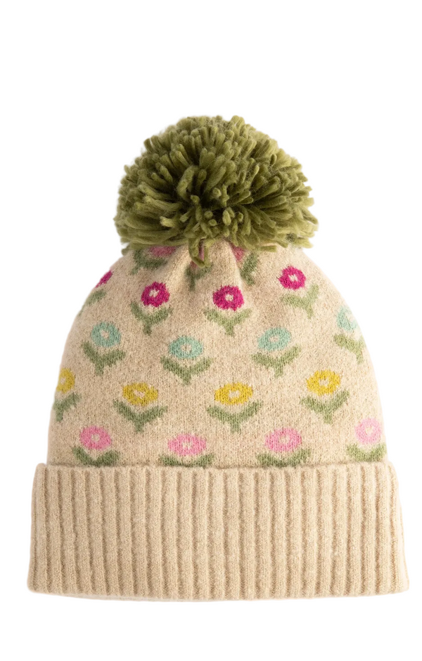 Powder Willow Ditsy Flower Pompom Hat, Cream