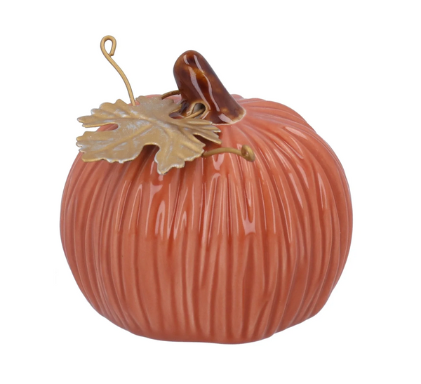 Gisela Graham Stoneware - Orange Pumpkin Ornament with a Gold Leaf