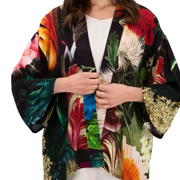 Powder Mid-Length Kimono - Opulant florals, Chocolate