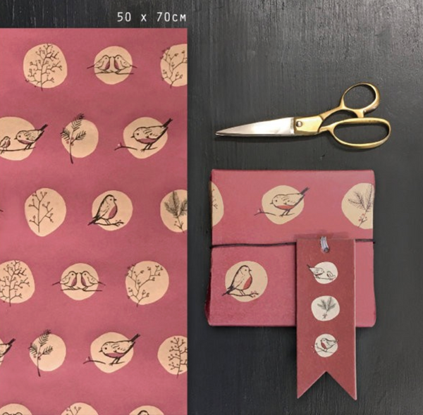 East of India Sheet of Gift Wrap - Red Robins & Rosehips