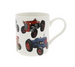 White mug with red and blue tractors on a white background