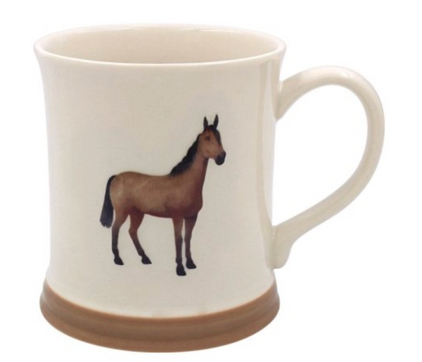 White mug with a brown horse illustration on a white background