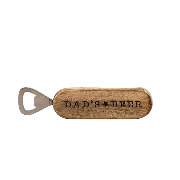 Wooden bottle opener with 'DAD'S BEER' engraving on with a white background.