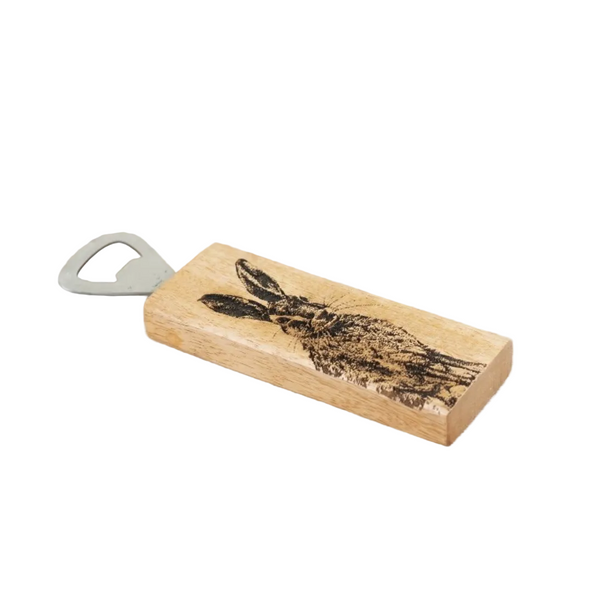 Wooden bottle opener with rabbit design on a white background