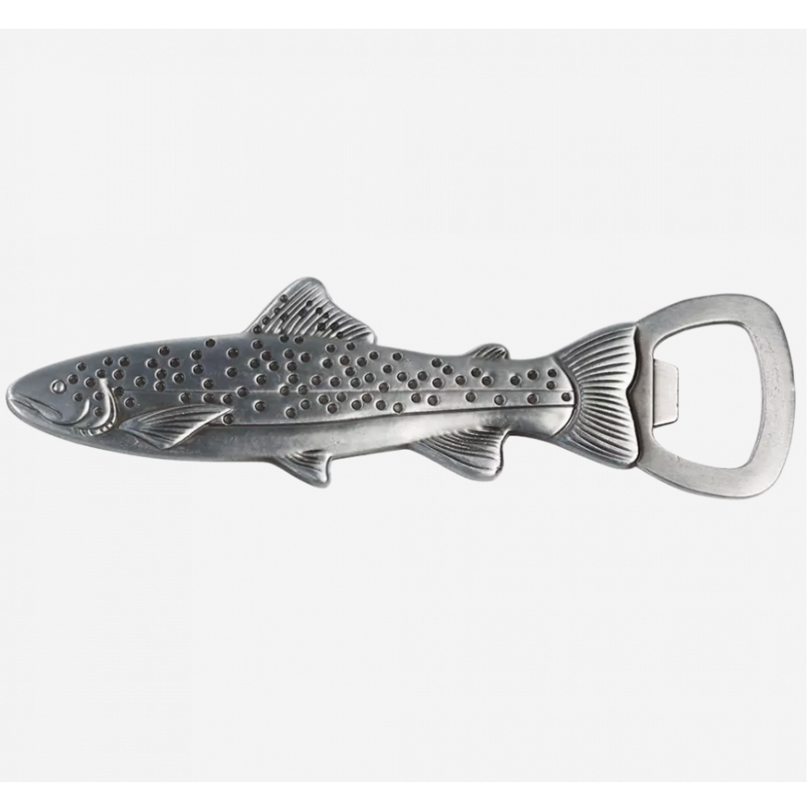 Silver fish-shaped bottle opener on a white background
