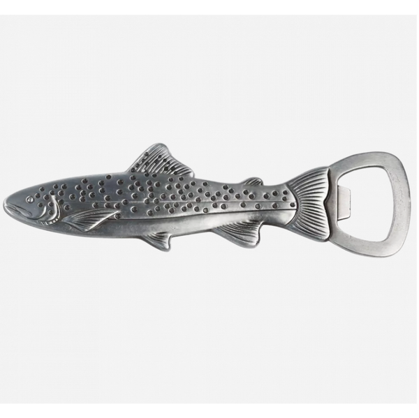 Silver fish-shaped bottle opener on a white background